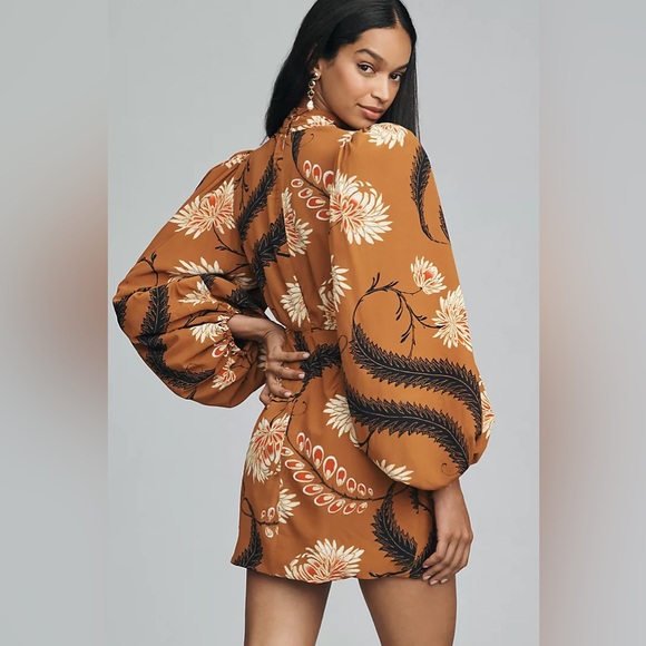 RHODE Cinnamon Brown Floral Mini Dress with Cream & Black Accents - Picture 8 of 10